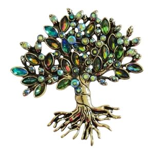 Tree Roots Brooch Pin Antique Gold Crystal Rhinestone Life Family Artsy Vintage